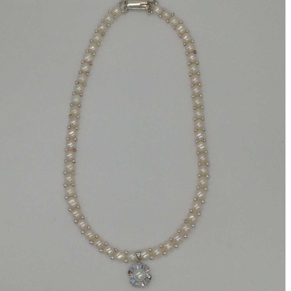 White cz and pearls pendent set with button jali pearls mala jps0180