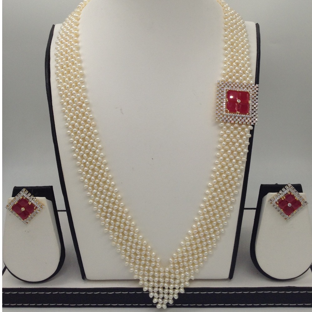 White And Red CZ Broach Set With Seed "V" Jali Pearls Mala JPS0371