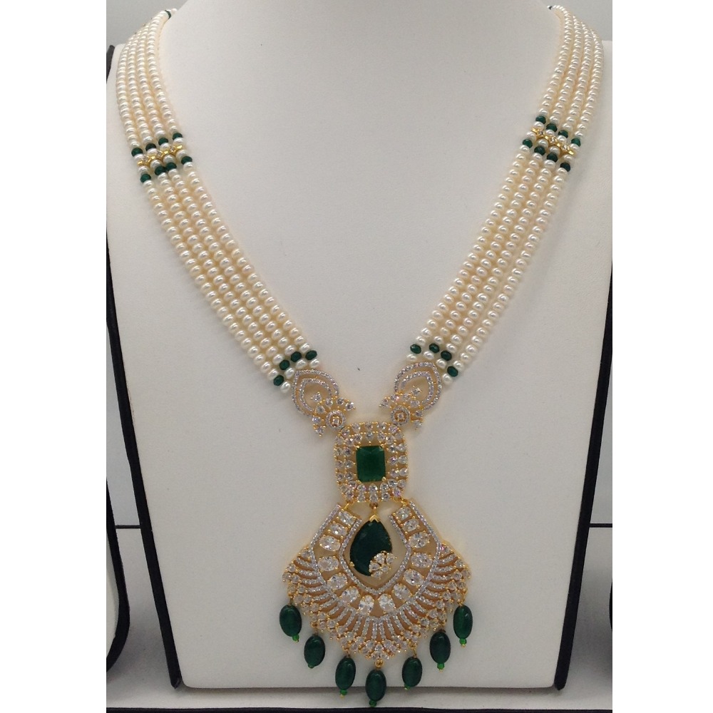 White;green cz ranihaar set with 4 lines flat pearls jps0458