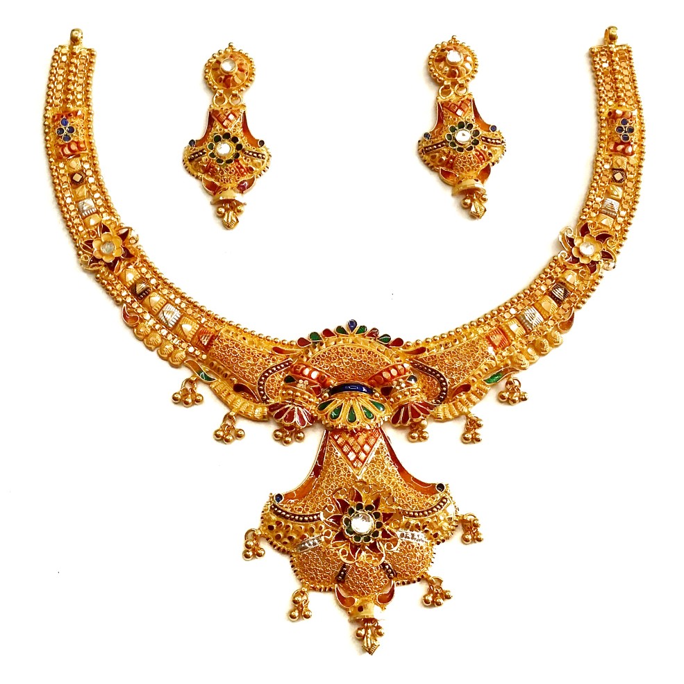 916 Gold Kalkatti Meenakari Rajwadi Necklace Set MGA - GN057