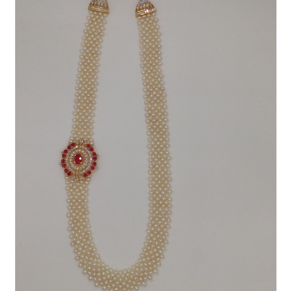 White And Red CZ Broach Set With Seed "U" Jali Pearls Mala JPS0372