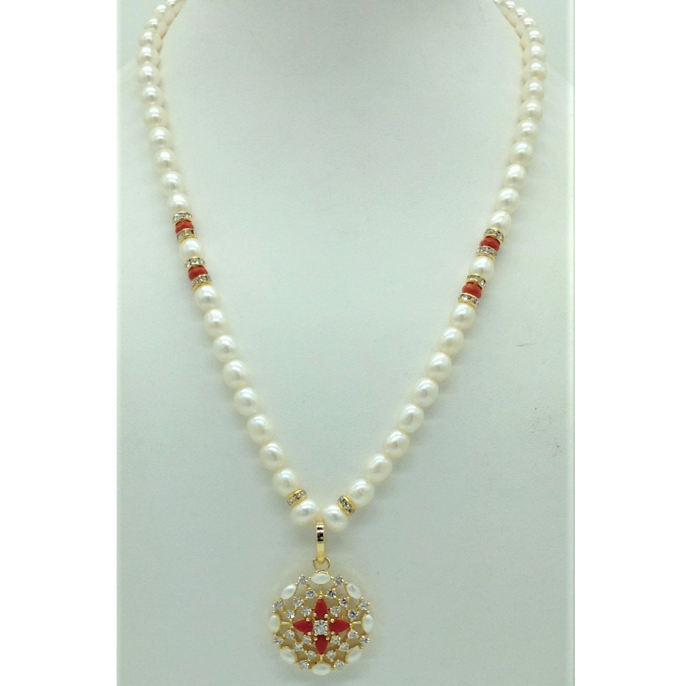 White;red cz pendent set with 1 line oval pearls mala jps0677