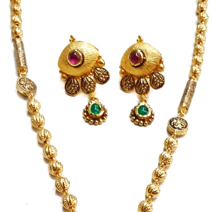 22k Gold Antique Designer Mala Necklace With Earrings MGA - GLS063