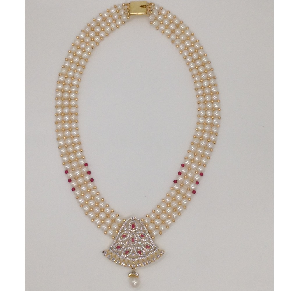 White ,red cz pendent set with 3 line button pearls jps0179