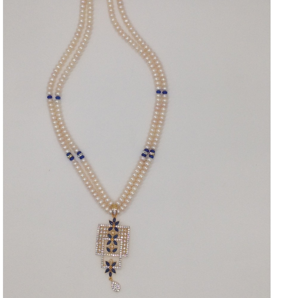 White;blue cz pendent set with 2 line flat pearls jps0308