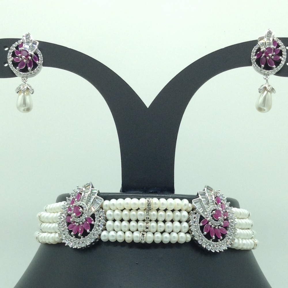 White And Red CZ  Choker Set With 4 Line White Pearls JPS0570