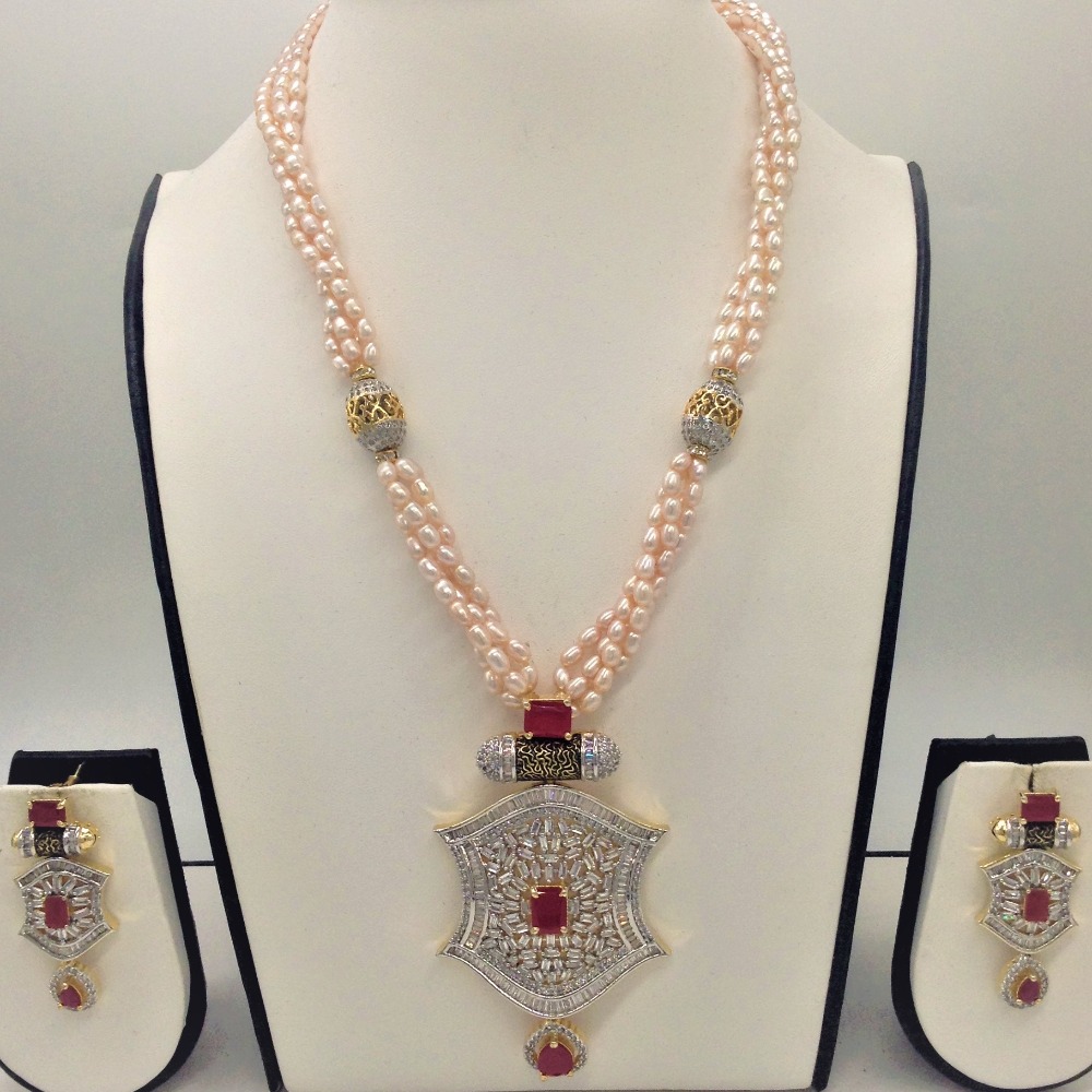 White;red cz pendent set with 4 line pink rice pearls jps0338