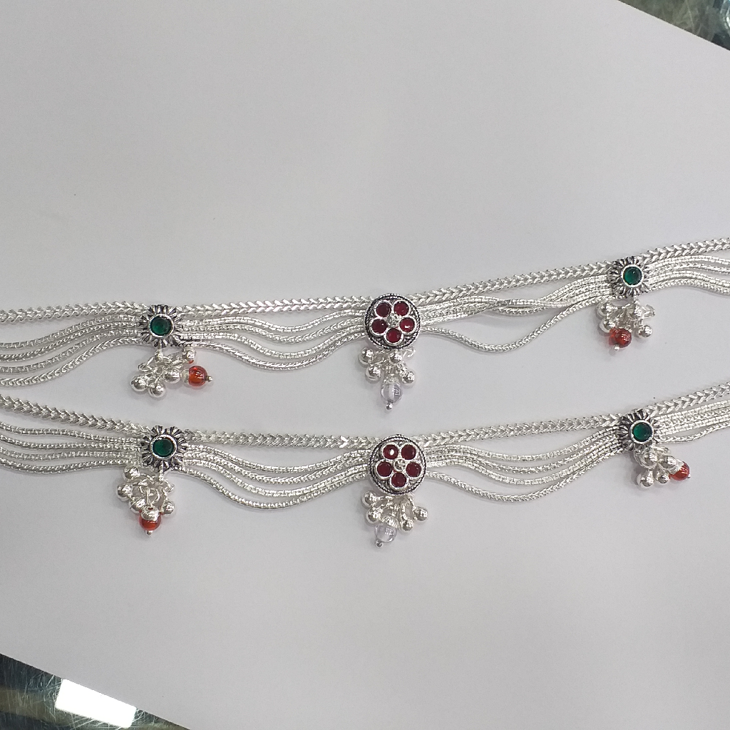 Silver red and  green stone payal