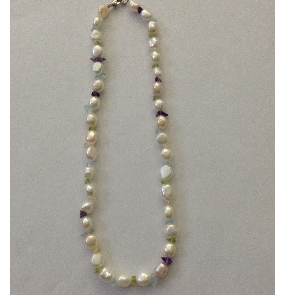 white oval baroque pearls with semi precious mala JPM0145