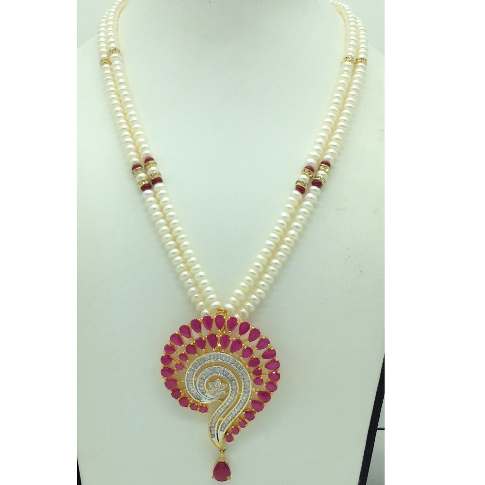White,red cz pendent set with 2 line flat pearls jps0698
