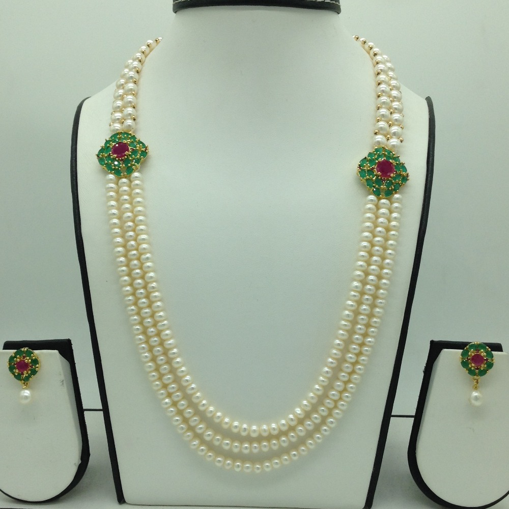 Red And Green CZ Broach Set With 3 Line Flat Pearls Mala JPS0658