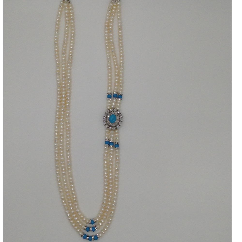 White cz and turquoise stone broach set with 3 lines flat pearls mala jps0444