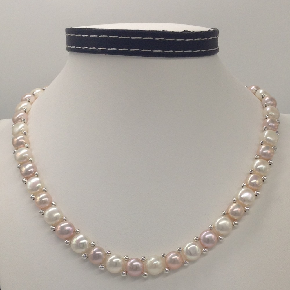 Freshwater White and Pink Button Pearls 1 Lines Necklace set JPP1022