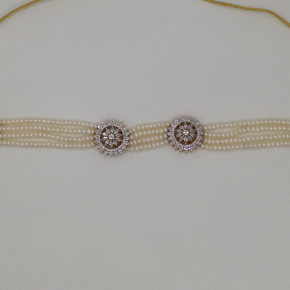 White CZ Choker Set With 4 Line Flat Pearls Mala JPS0532