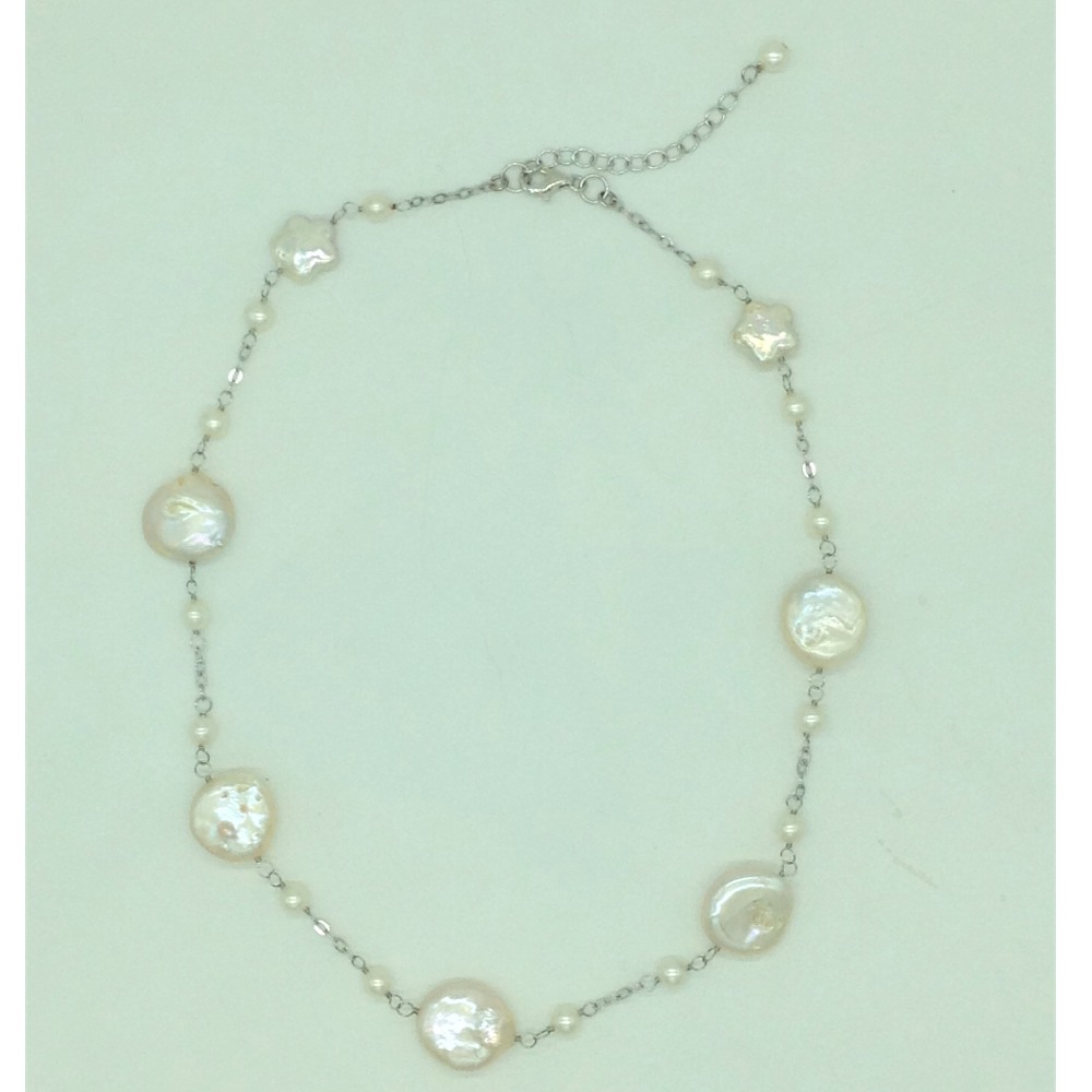 Freshwater white baroque pearls with silver chain mala jpm0438