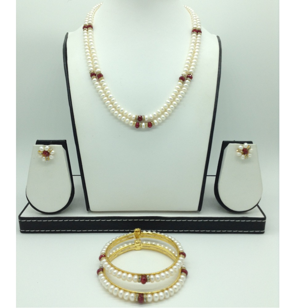Freshwater Flat 2 Lines Pearls With Red Semi Beeds Set JPP1047