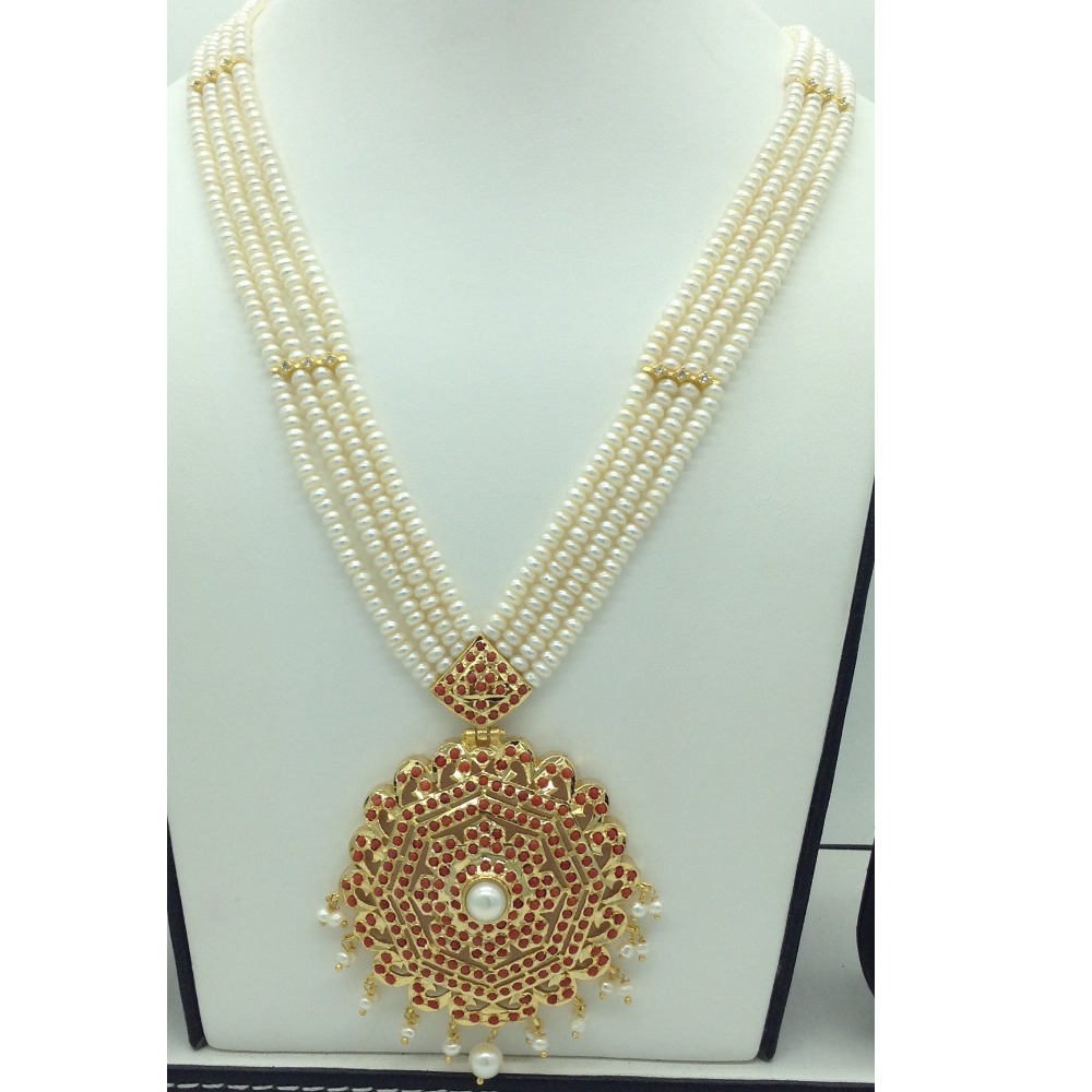 Corals and pearls ranihaar set with 4 line flat pearls jps0609