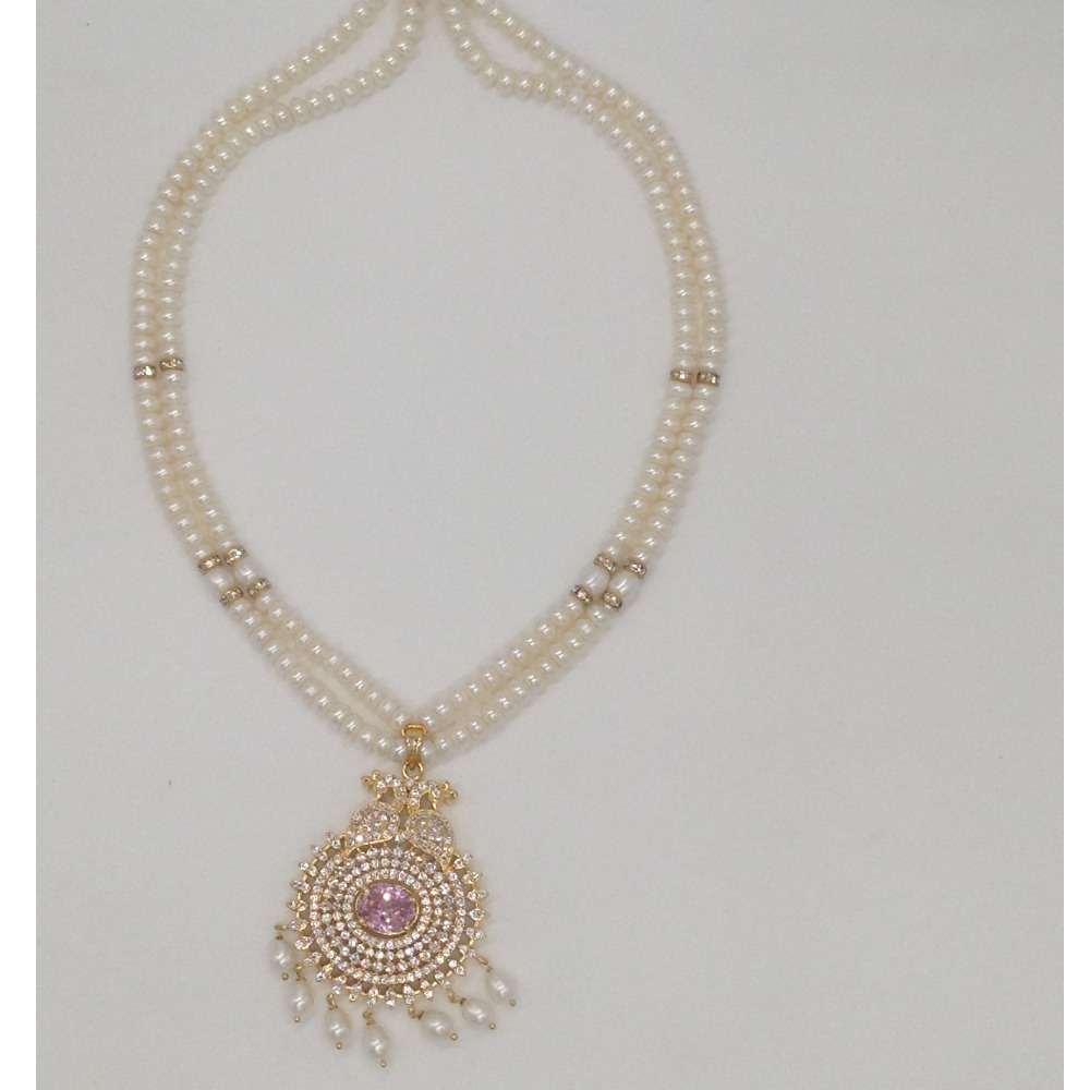 White, pink cz pendent set with 2 line flat pearls mala jps0285