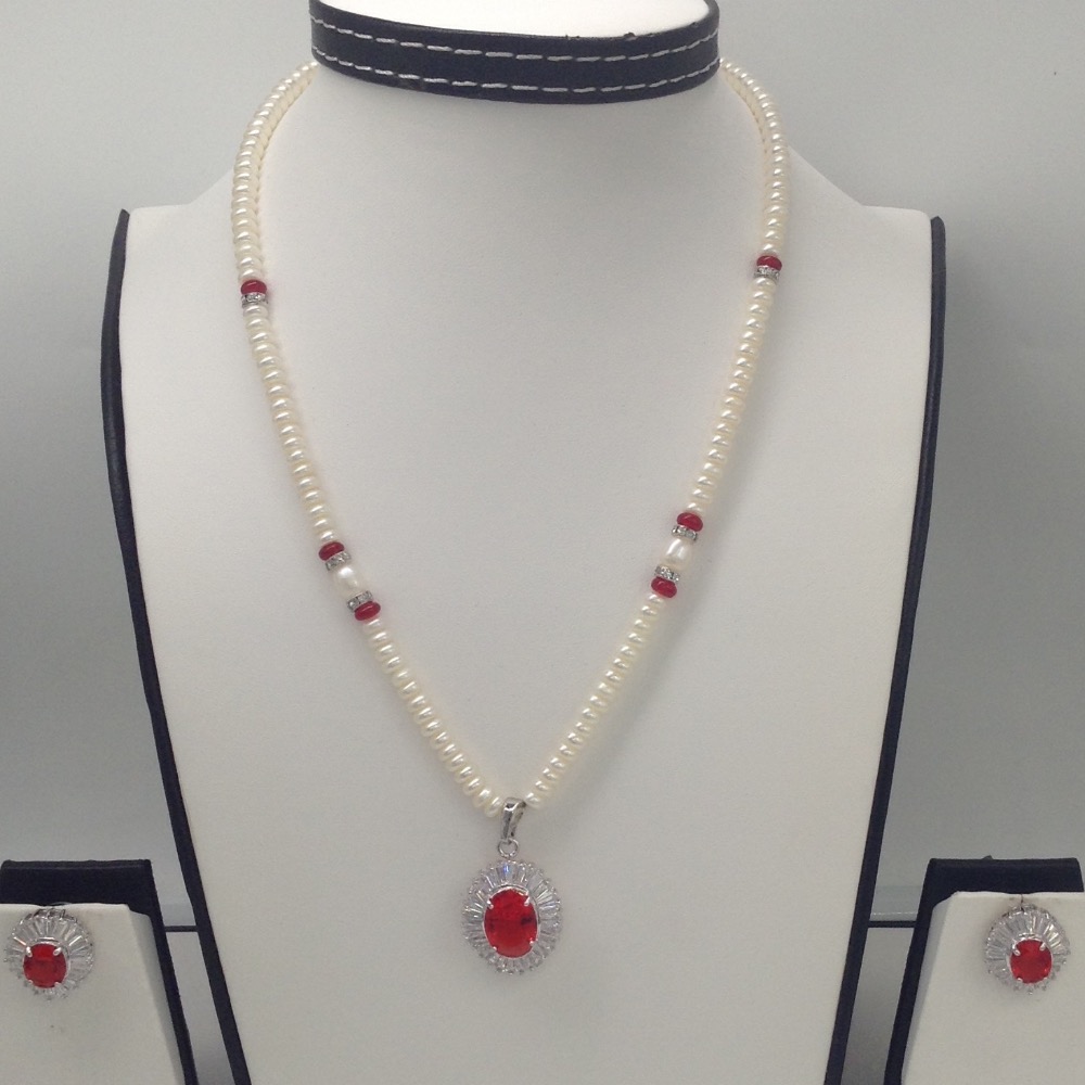 White;red cz pendent set with flat pearls mala jps0111
