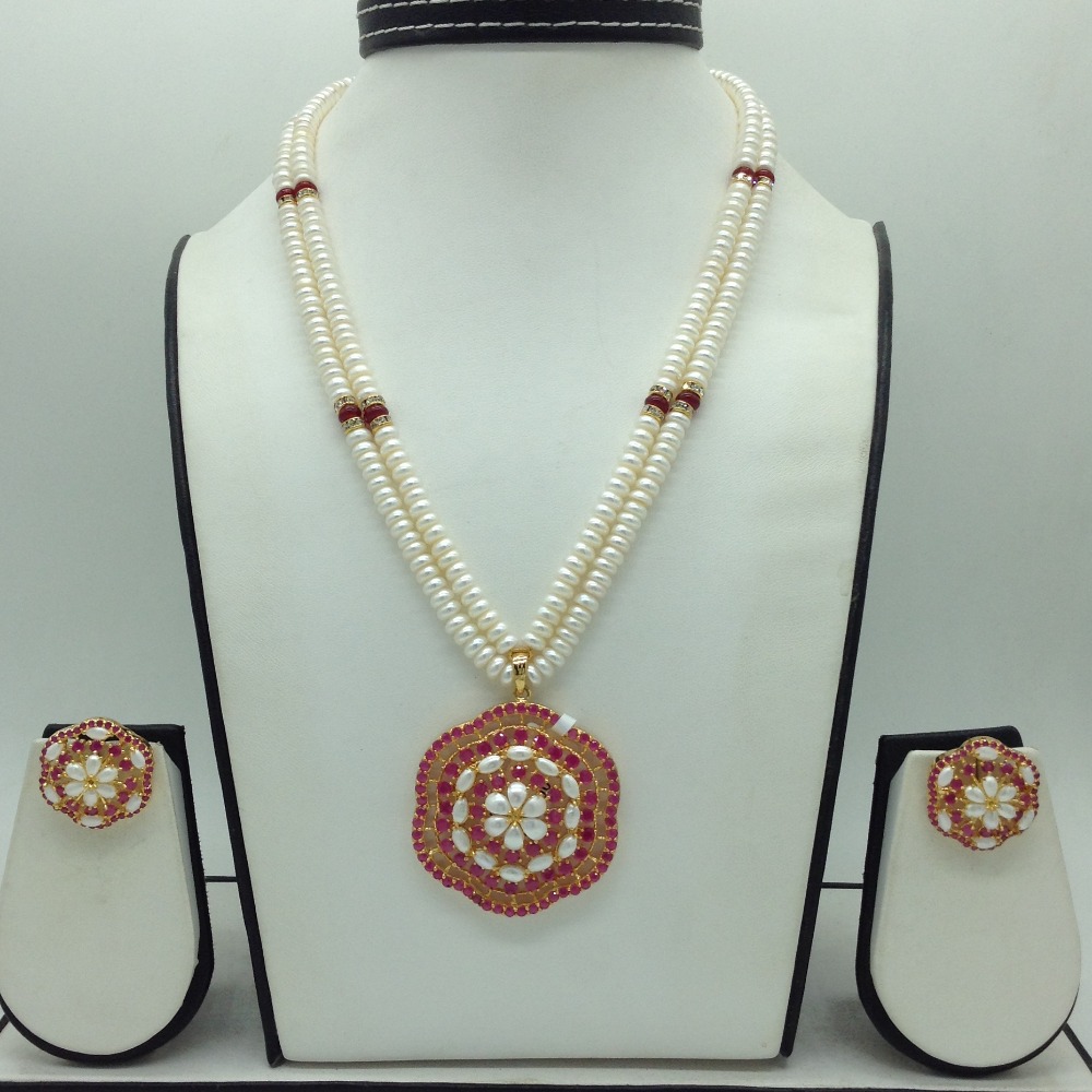 Red Cz Pendent Set With 2 Line White Pearls Mala JPS0861