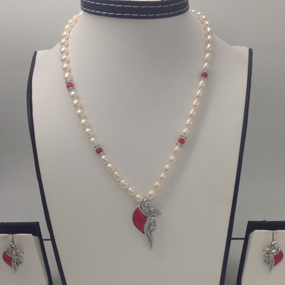 White cz;coral pendent set with oval pearls mala jps0175