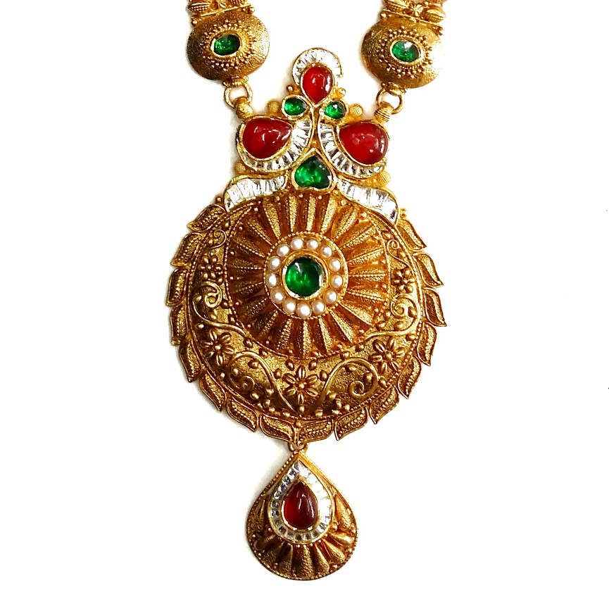 916 Gold Antique Rajwadi Necklace With Earrings & Ring MGA - GLS079