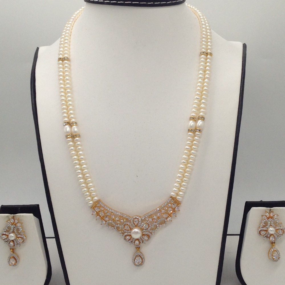 White cz pendent set with 2 line flat pearls mala jps0312