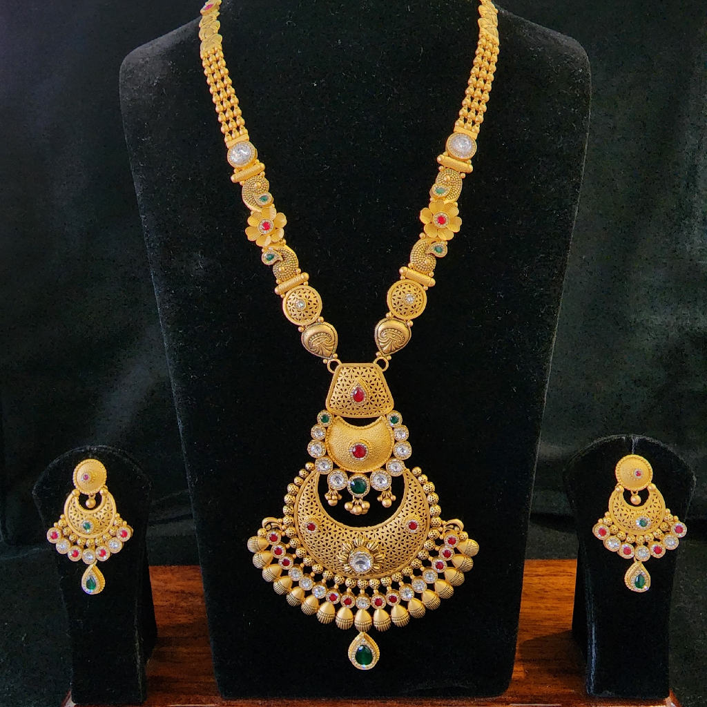 916  Gold Antique Swory Red And Green Jadtar Long Set