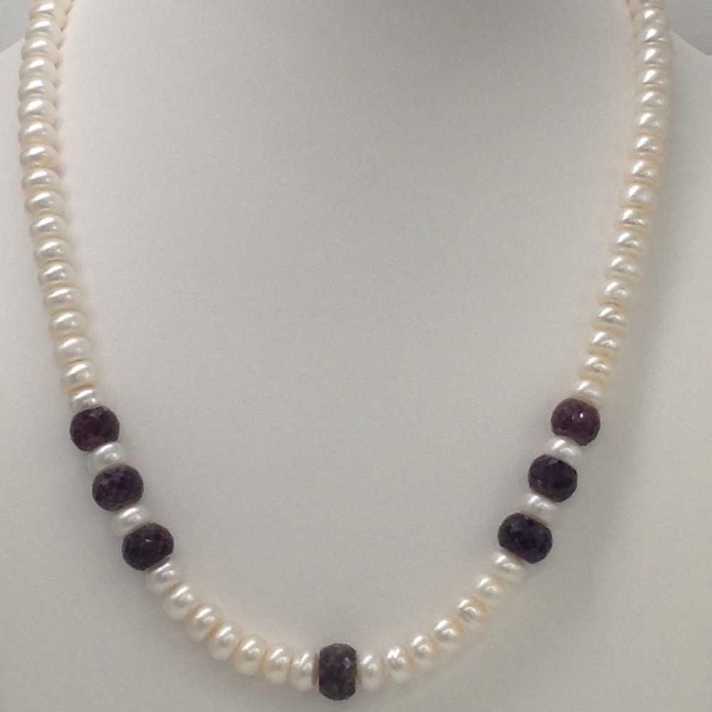 Freshwater white flat pearls with red ruby faceted beeds JPM0196