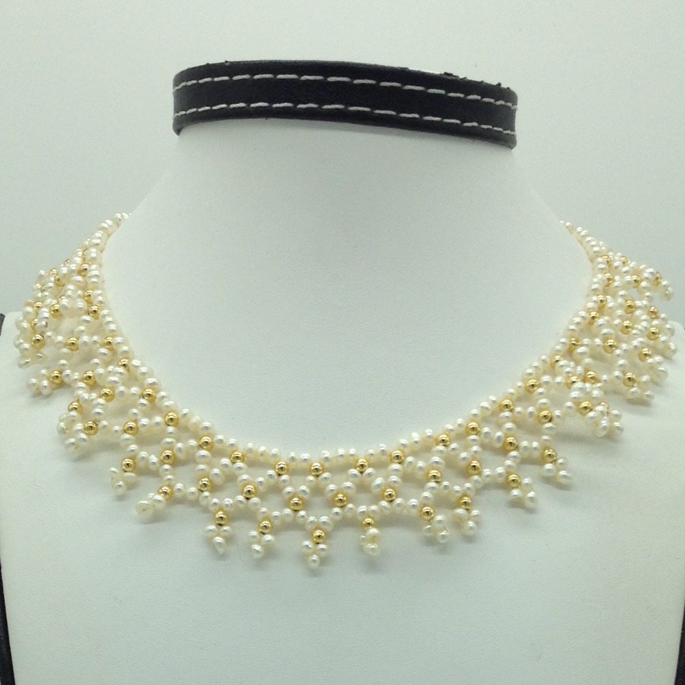 Freshwater white pearls and golden balls jali necklace jpm0363