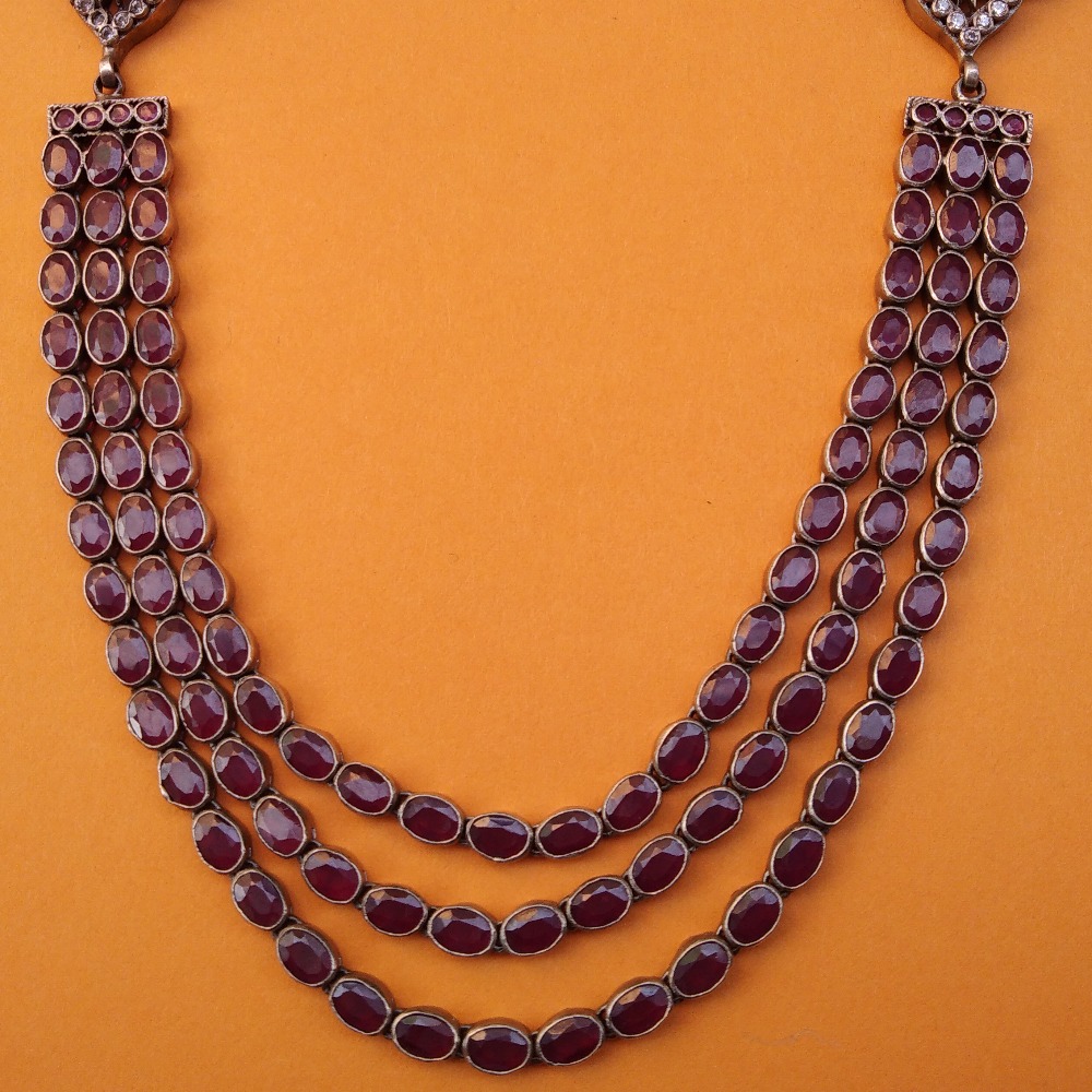 Pure Silver Toda Necklace with Three Layered Spinel Stones |Puran