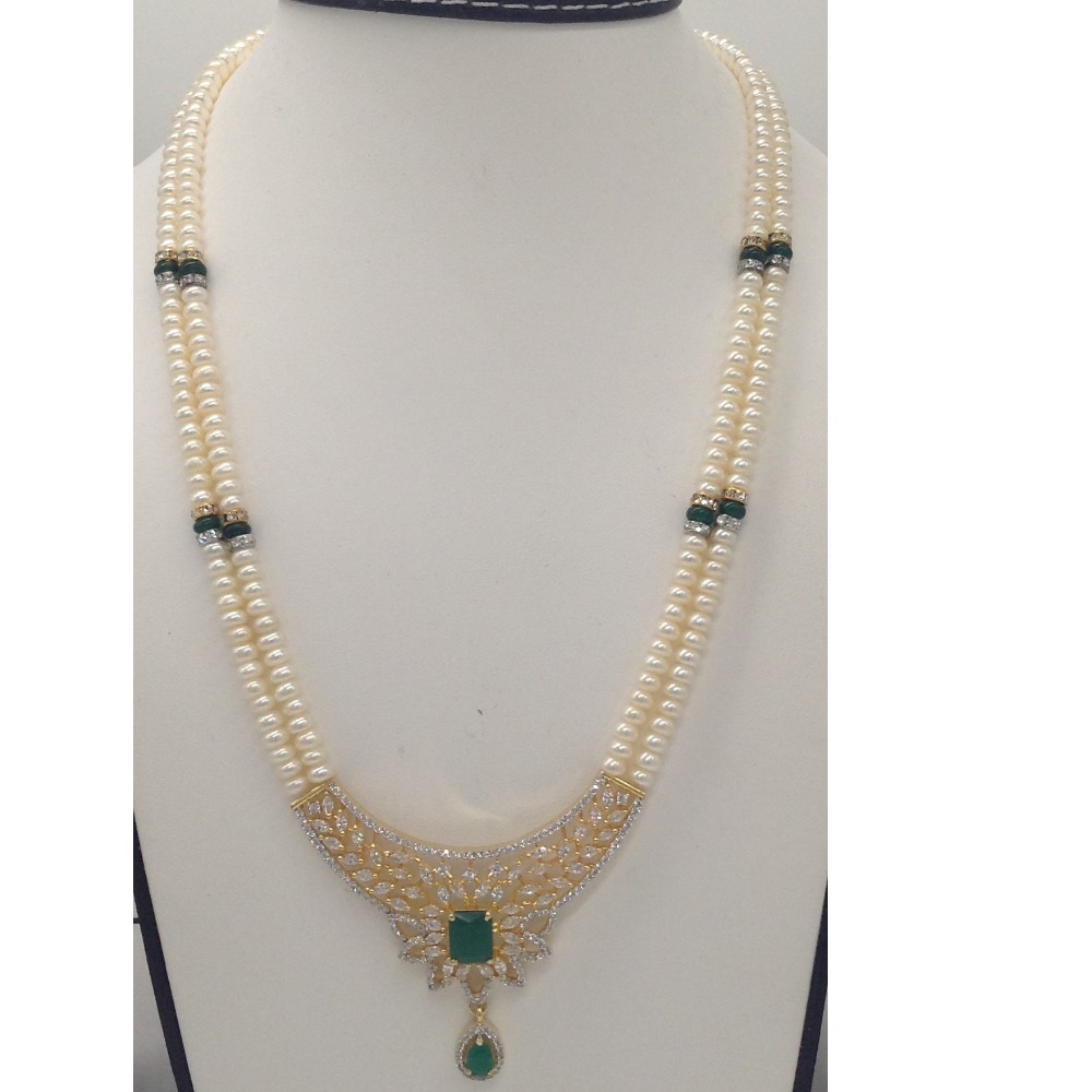 White;green cz pendent set with 2 line flat pearls jps0345