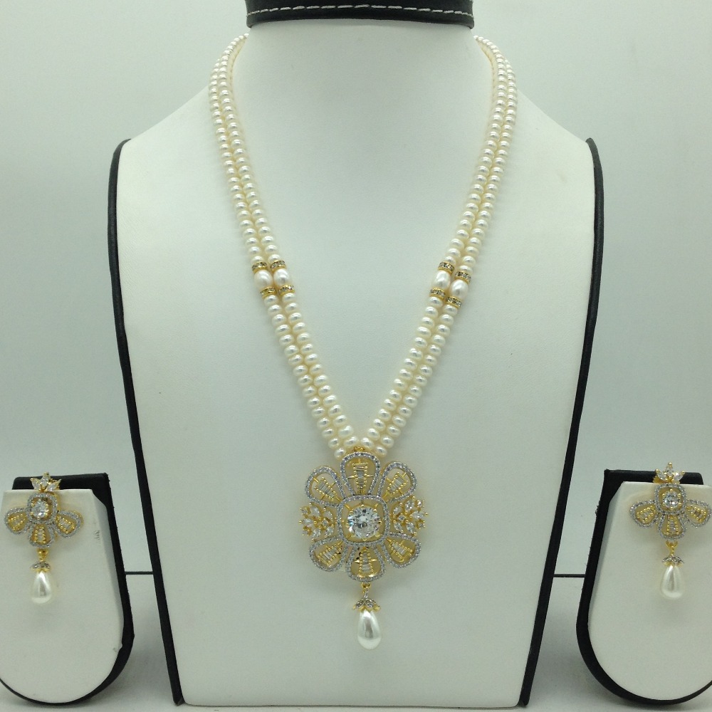 White cz pendent set with 2 line flat pearls jps0639