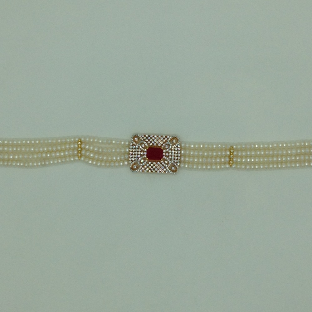 White and Red CZ Choker Set With 4 Line Flat Pearls Mala JPS0621