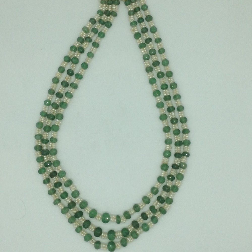 White Seed Pearls with Green Round Beeds 3 Layers Mala JPM0513