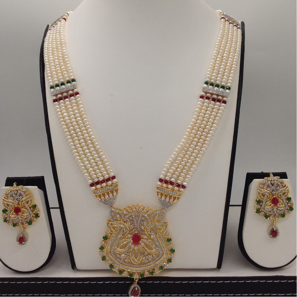 Tri colour cz rani haar set with 5 lines flat pearls mala jps0465