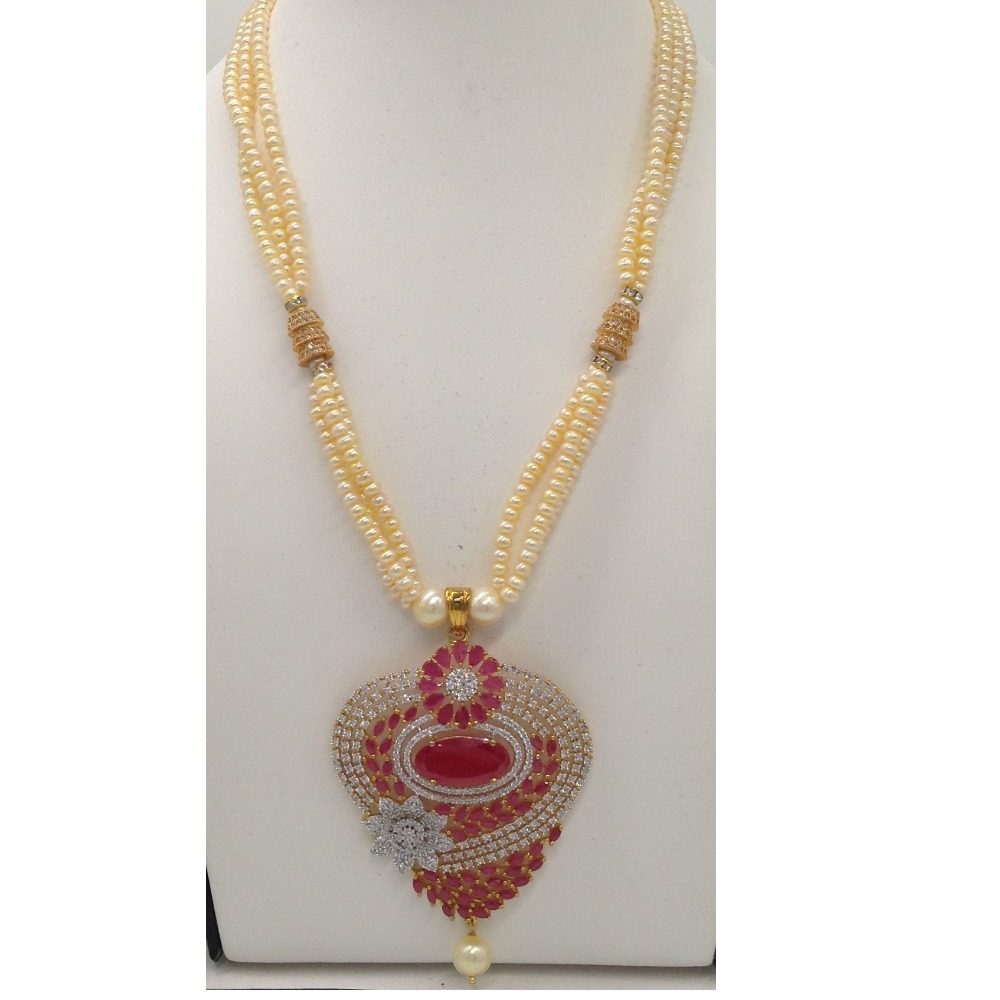 White;red cz pendent set with 3 line golden pearls jps0315
