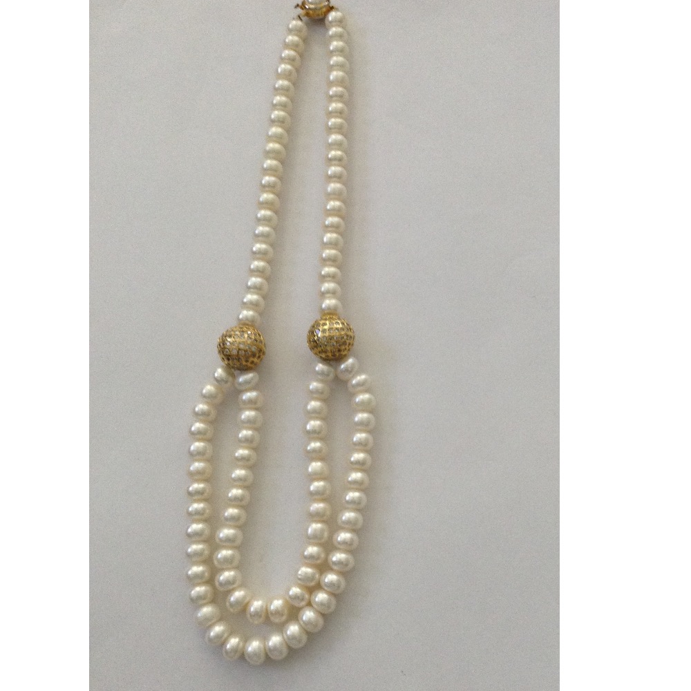 Freshwater white flat pearls with cz ball necklace JPM0050