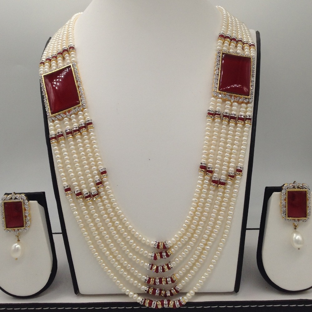 White cz and red onyx brooch set with 6 lines flat pearls mala jps0478