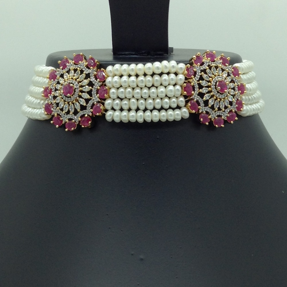 White and red cz choker set with 5 line flat pearls mala jps0622
