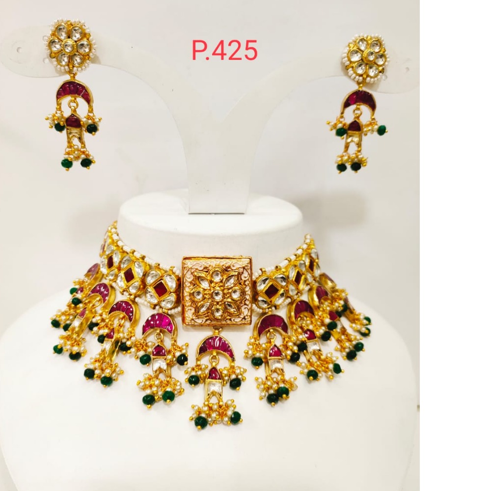 Gold plated kundan choker set with pink stone & green pearl 1230