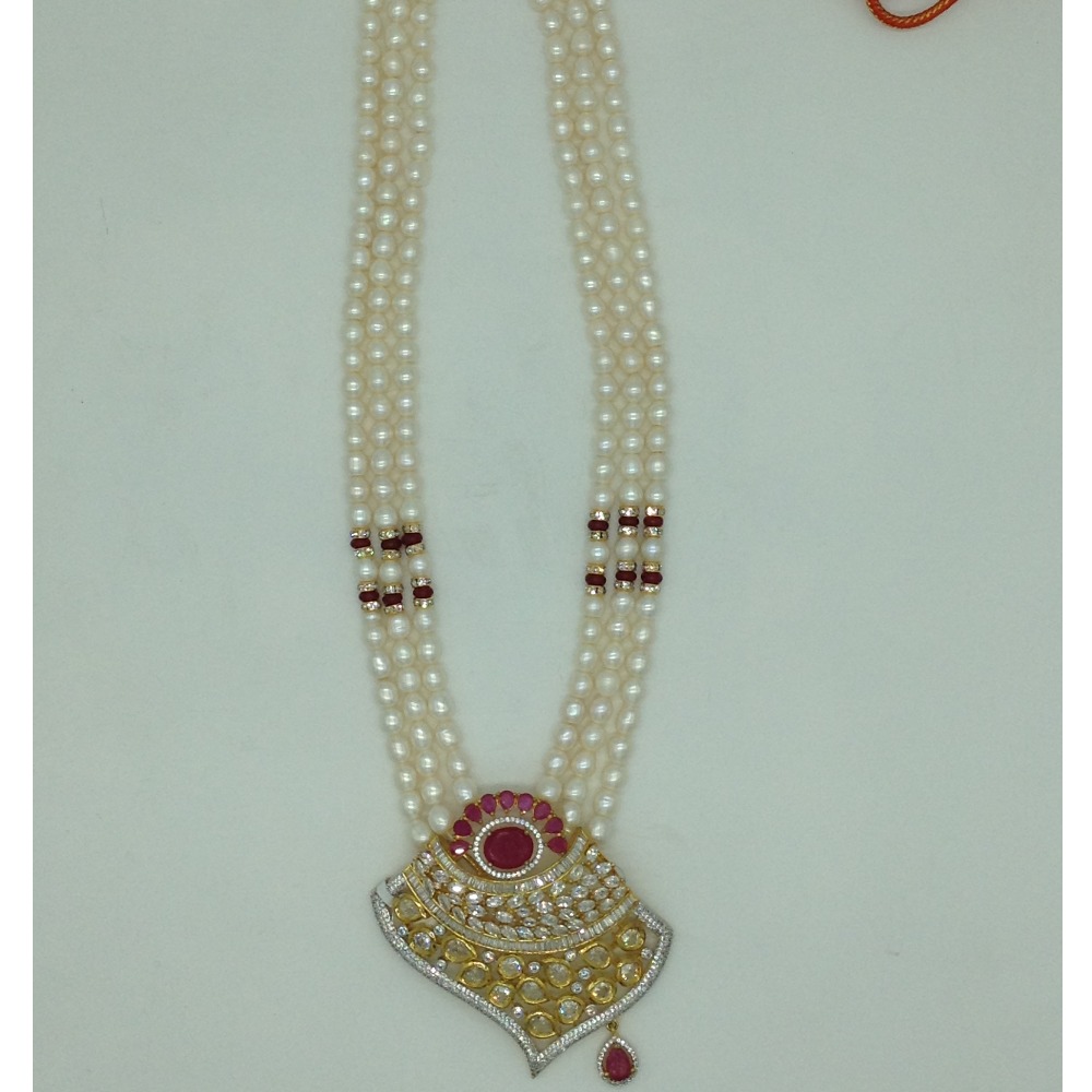 White Red Cz Pendent Set With 3 Line White Pearls Mala JPS0860
