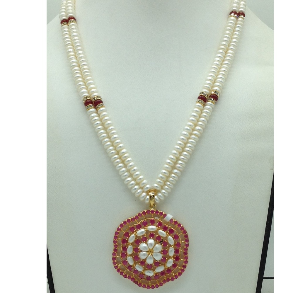 Red Cz Pendent Set With 2 Line White Pearls Mala JPS0861