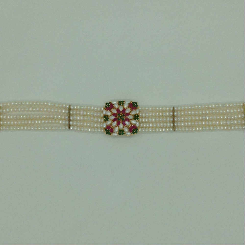 Tri Colour Choker Set With 5 Line Flat Pearls Mala JPS0619
