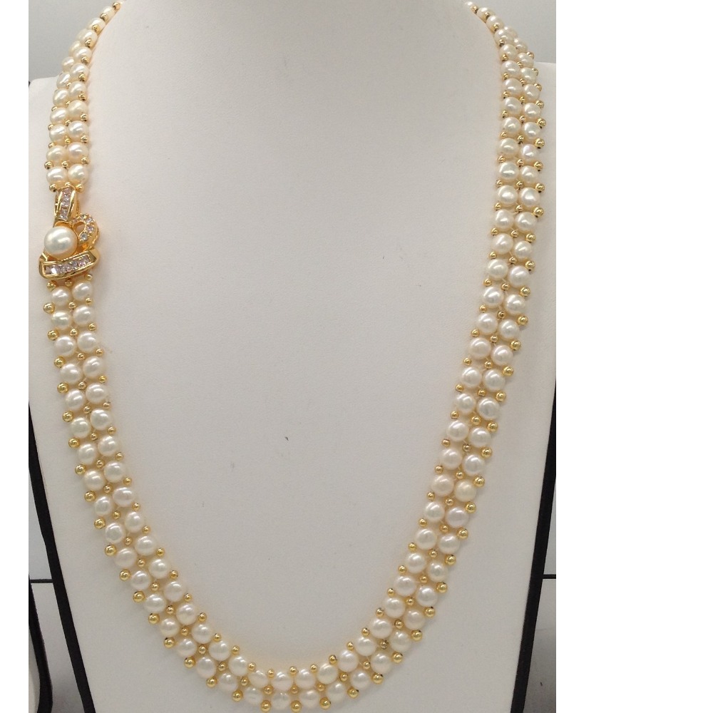 White CZ And Pearls Broach Set With 2 Line Button Jali Pearls Mala JPS0185