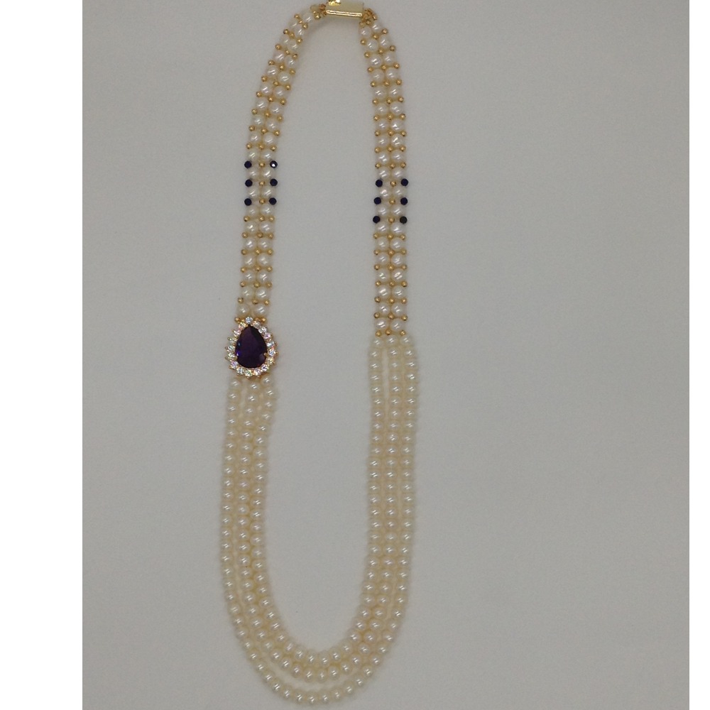 White And Purple CZ Broach Set With 2 Line Button Jali And 3 Line Flat Pearls Mala JPS0360