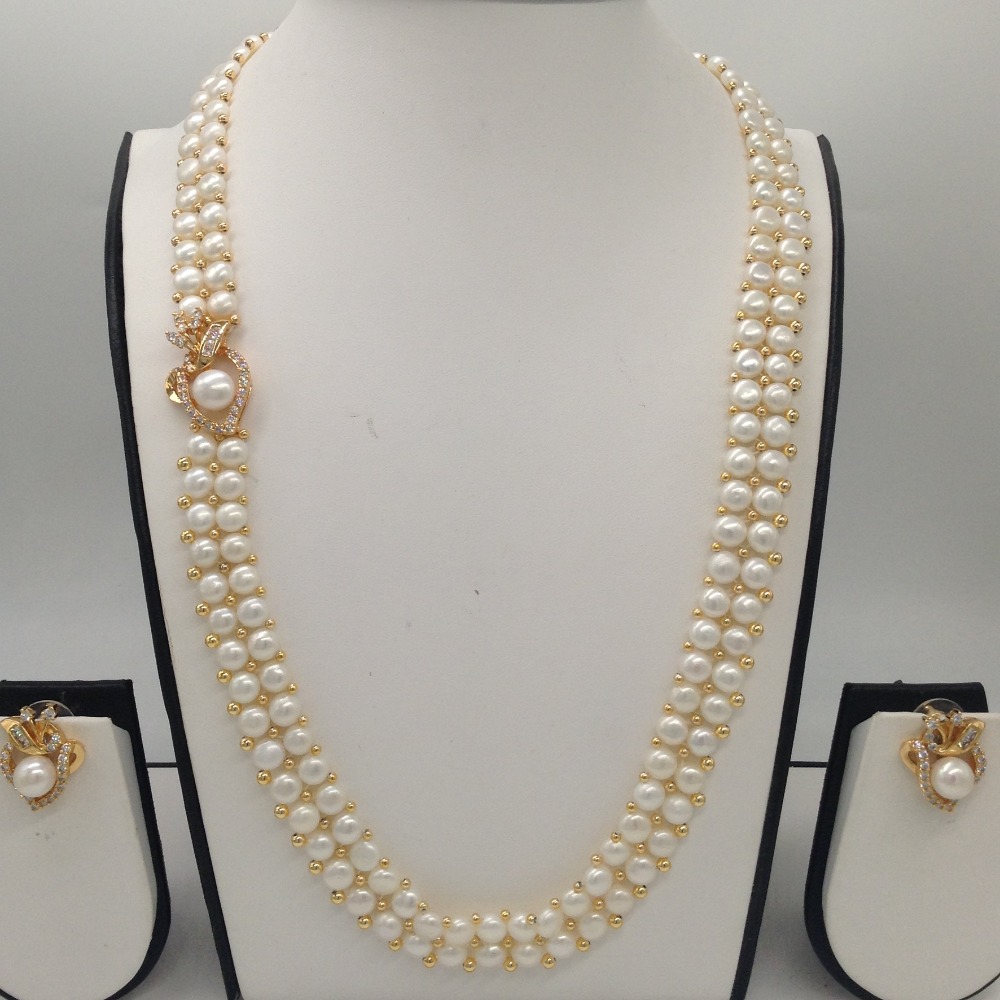 White CZ And Pearl Broach Set With 2 Line Button Jali Pearls Mala JPS0363