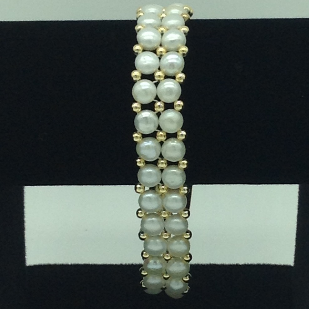 White Button Pearls With Golden Jaco Balls 2 Layers Bracelet JBG0147