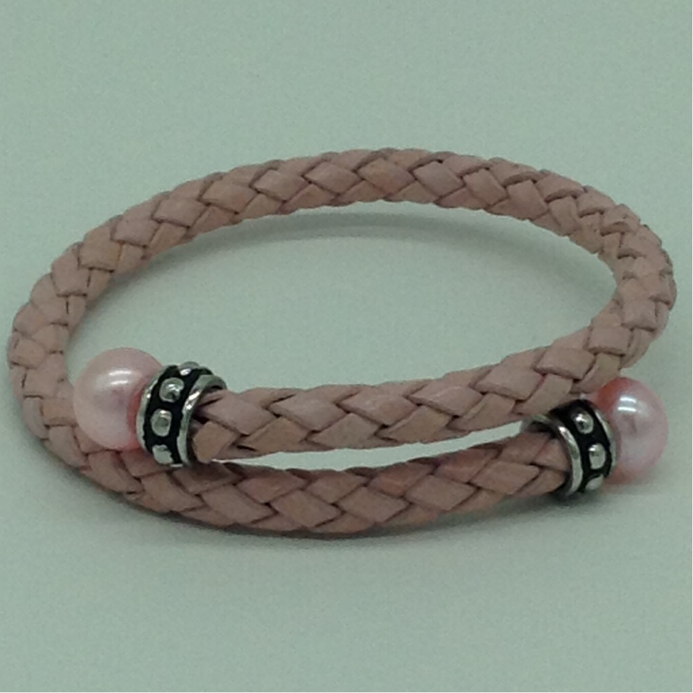 Pink Button Pearls Leather Stiff Bracelet JBG0178