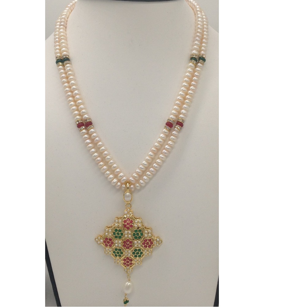 Red, green cz and pearls pendent set with 2 line flat pearls jps0320